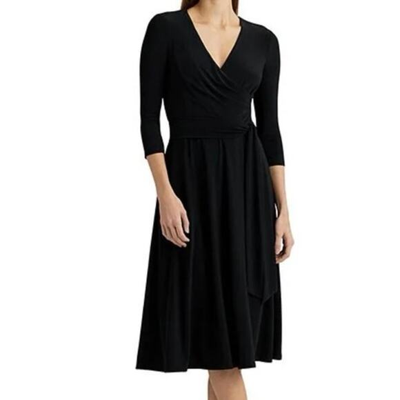 Ralph Lauren Black White Geometric Wrap Bodice Fit & Flare Dress Size 12 Career - Picture 3 of 11